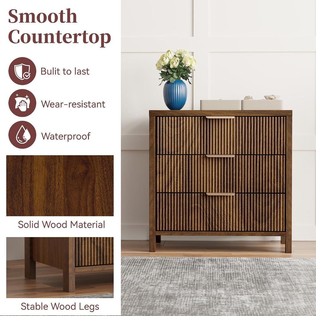 Fluted Nightstands Set of 2, 23.7'' Wide Night Stand with 3 Drawers, Mid-Century Modern Bedside Table with Handles, Wood End Table for Bedroom, Walnut