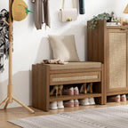 SICOTAS Rattan Shoe Bench Entryway Bench with Storage Drawer, Linen Cushion | Farmhouse Boho Shoe Rack with Shelf, Wooden Storage Bench for Entryway Hallway and Bedroom, Caramel Oak