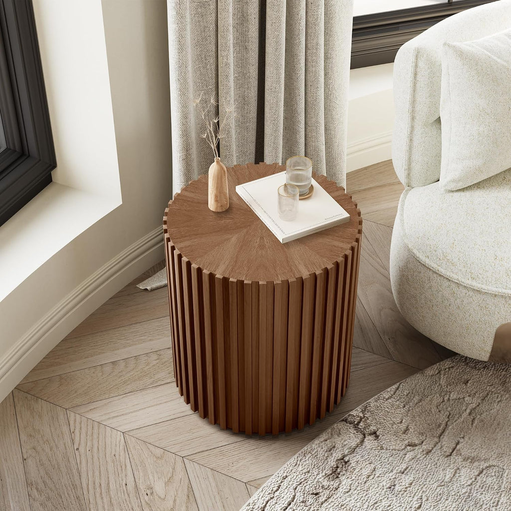 POVISON Fluted Side Set of 2, 20.08" Round End Side Table with Fluted Design for Living Room Bedroom Office, Light Walnut