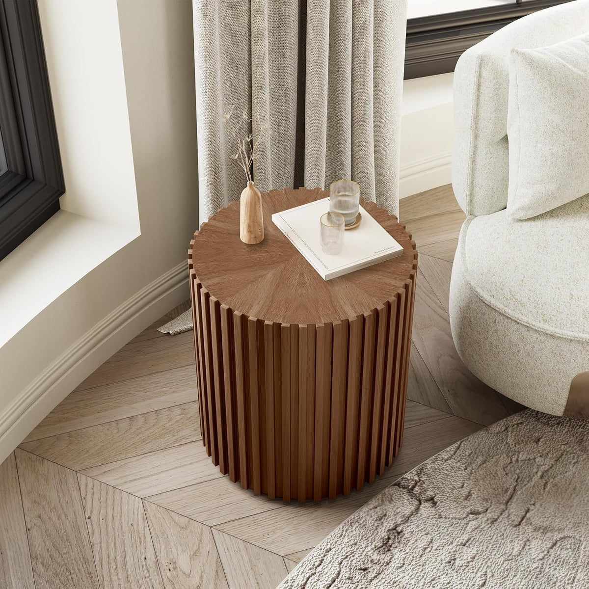 POVISON Fluted Side Set of 2, 20.08" Round End Side Table with Fluted Design for Living Room Bedroom Office, Light Walnut