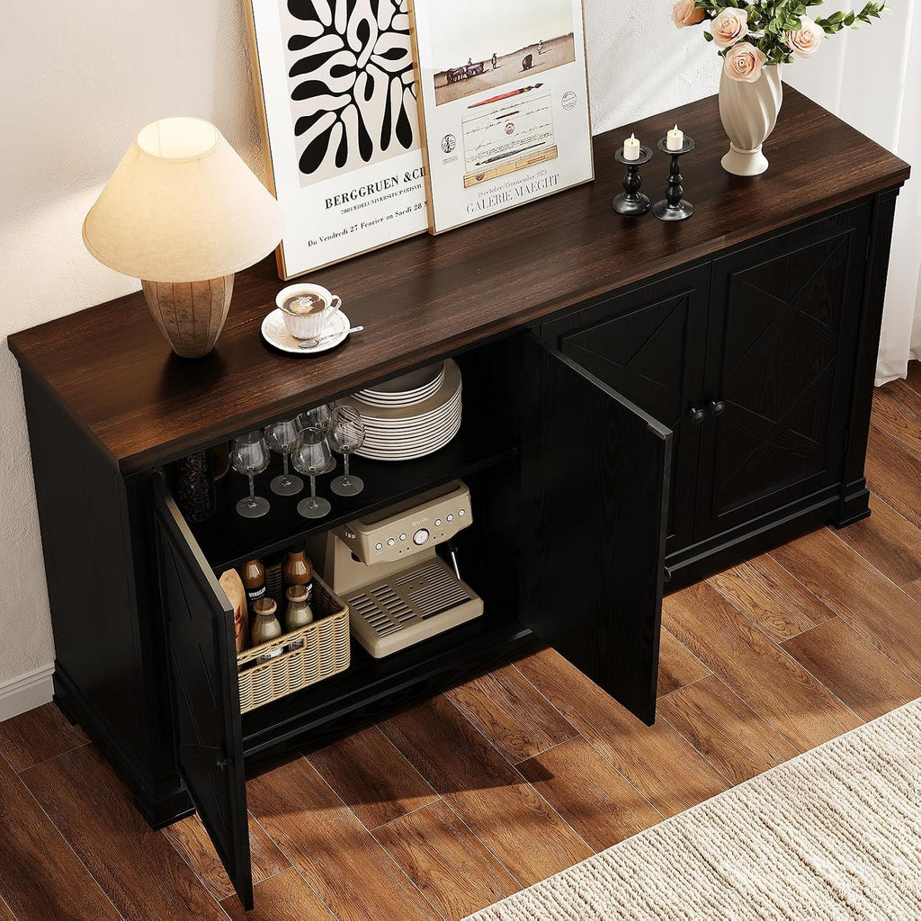 ONBRILL 63 Inches Buffet Cabinet with Storage, Large Sideboard Cabinet with 4 Barn Doors, Adjustable Shelves, Wood Coffee Bar Station for Kitchen, Living Room, Black