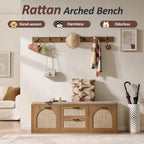 Rattan Narrow Entryway Bench with Shoe Storage, 4 Drawers & Coat Rack, Mid-Century Modern Wood Shoe Cabinet with Seat Cushion for Foyer/Hallway (Rustic Oak Rattan)