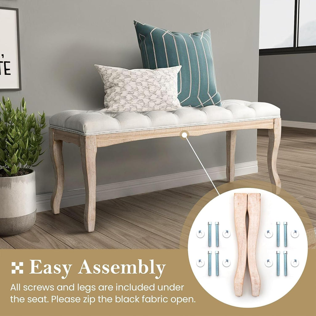 GDFStudio 43.3" French Country Bedroom Bench, Tufted Upholstered End of Bed Bench with Carved Rubber Wood Legs, Vintage Linen Entryway Bench Seat for Living Room, Foyer, Dining Room, Beige