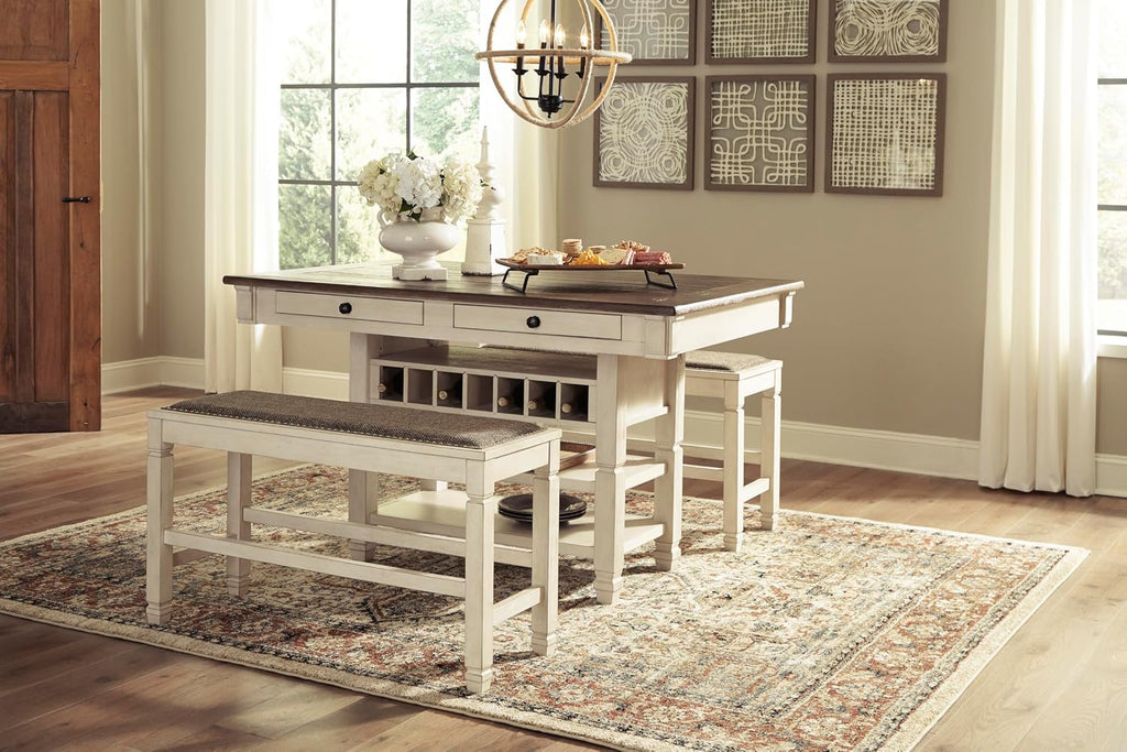 Signature Design by Ashley Bolanburg Double Upholstered Bench, Counter Height, Whitewash