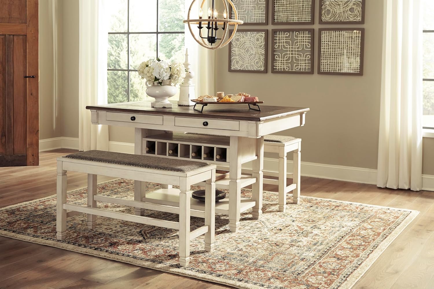 Signature Design by Ashley Bolanburg Double Upholstered Bench, Counter Height, Whitewash