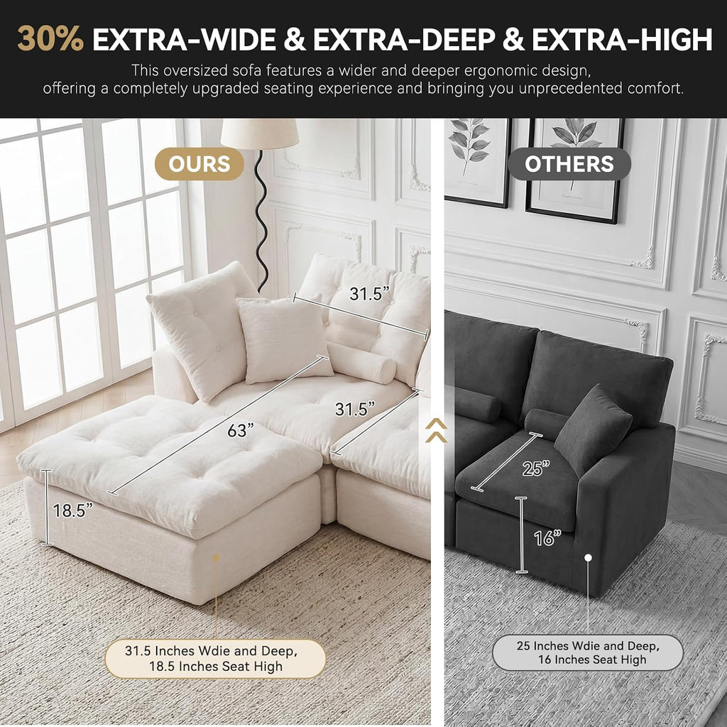 110" Oversized Cloud Sectional Couch, Modular Chenille L-Shaped Compressed Sofa with Ottoman & 3-in-1 Multi-Purpose Pillow, 3 Seater Memory Foam Couches for Living Room, Beige