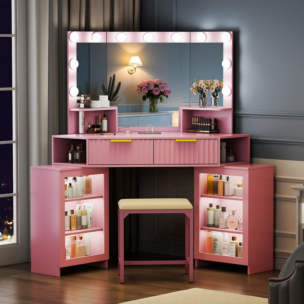 Corner Vanity Desk with LED Mirror, Power Outlet and 3 Light Modes - Pink | SKKTKT Makeup Vanity Set - Storage Drawers, Matching Chair and Corner Design for Bedroom
