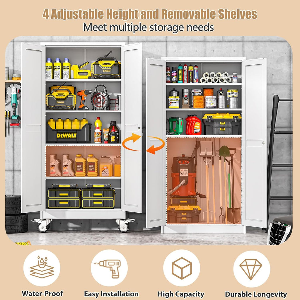 71" H Metal Pantry Storage Cabinet with Wheels,Rolling Kitchen Pantry Cabinet with 2 Doors and 4 Adjustable Shelves, Locker Steel Cabinet,Organization Cabinet for Garage,Home,Gym,School,White