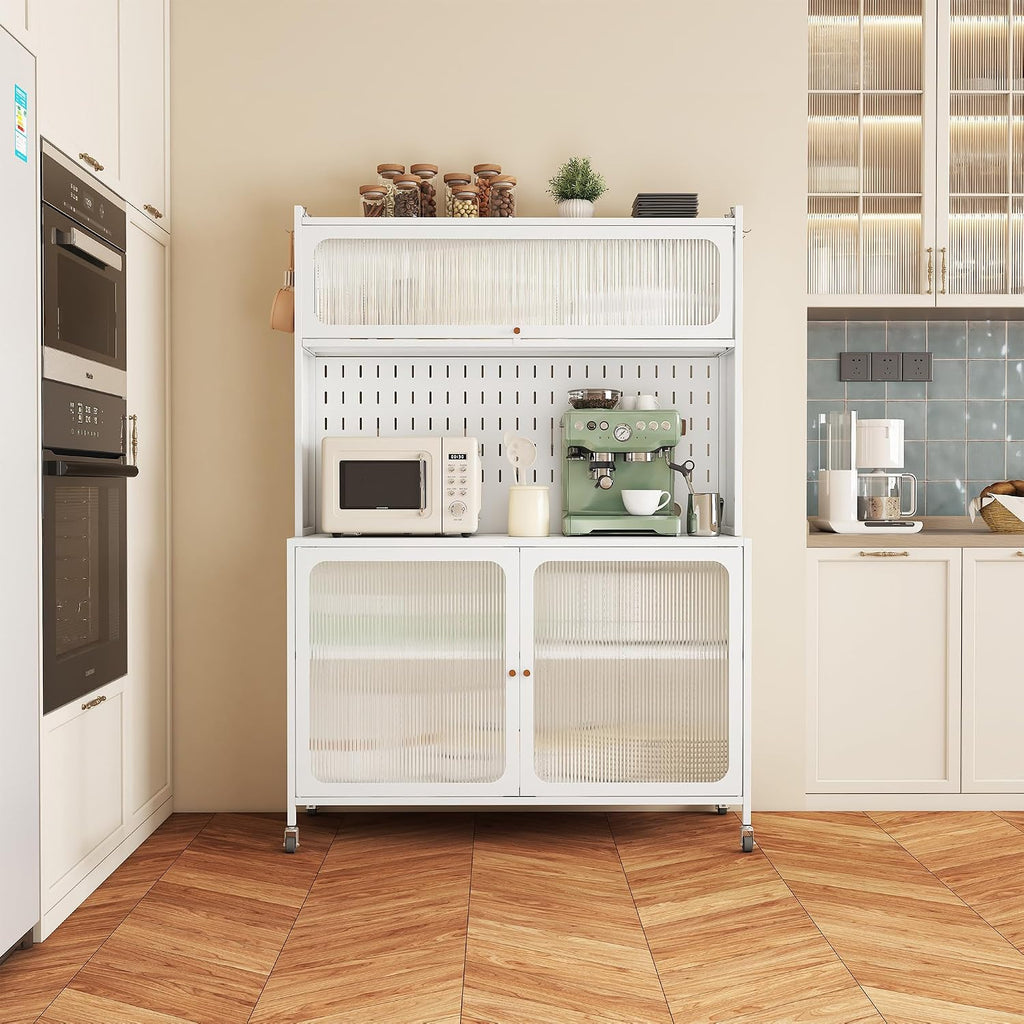 Kitchen Pantry Cabinet Tall Storage Cabinet with Glass Doors & Adjustable Shelves White Modern Cupboard for Kitchen Living Room Dining Room