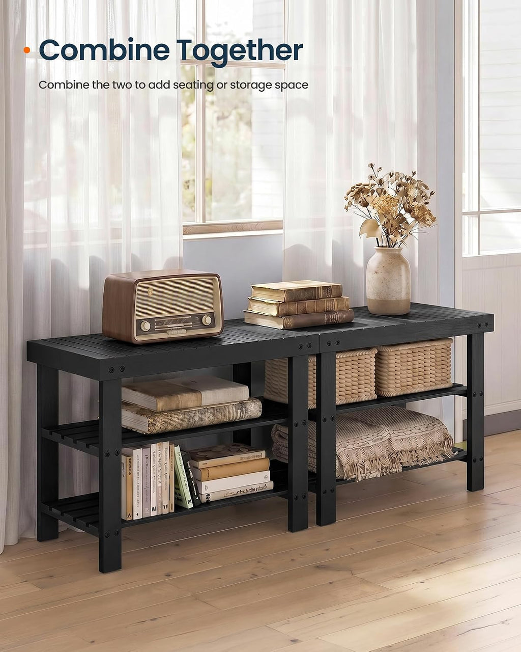 SONGMICS HOME 3-Tier Bamboo Shoe Bench, Shoe Rack, for Entryway Bathroom Bedroom, 11.5 x 27.8 x 18 Inches, Black