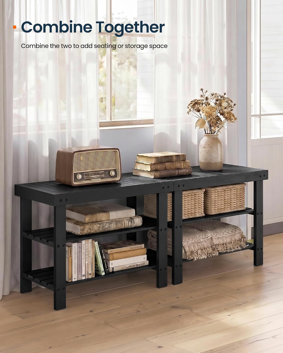 SONGMICS HOME 3-Tier Bamboo Shoe Bench, Shoe Rack, for Entryway Bathroom Bedroom, 11.5 x 27.8 x 18 Inches, Black