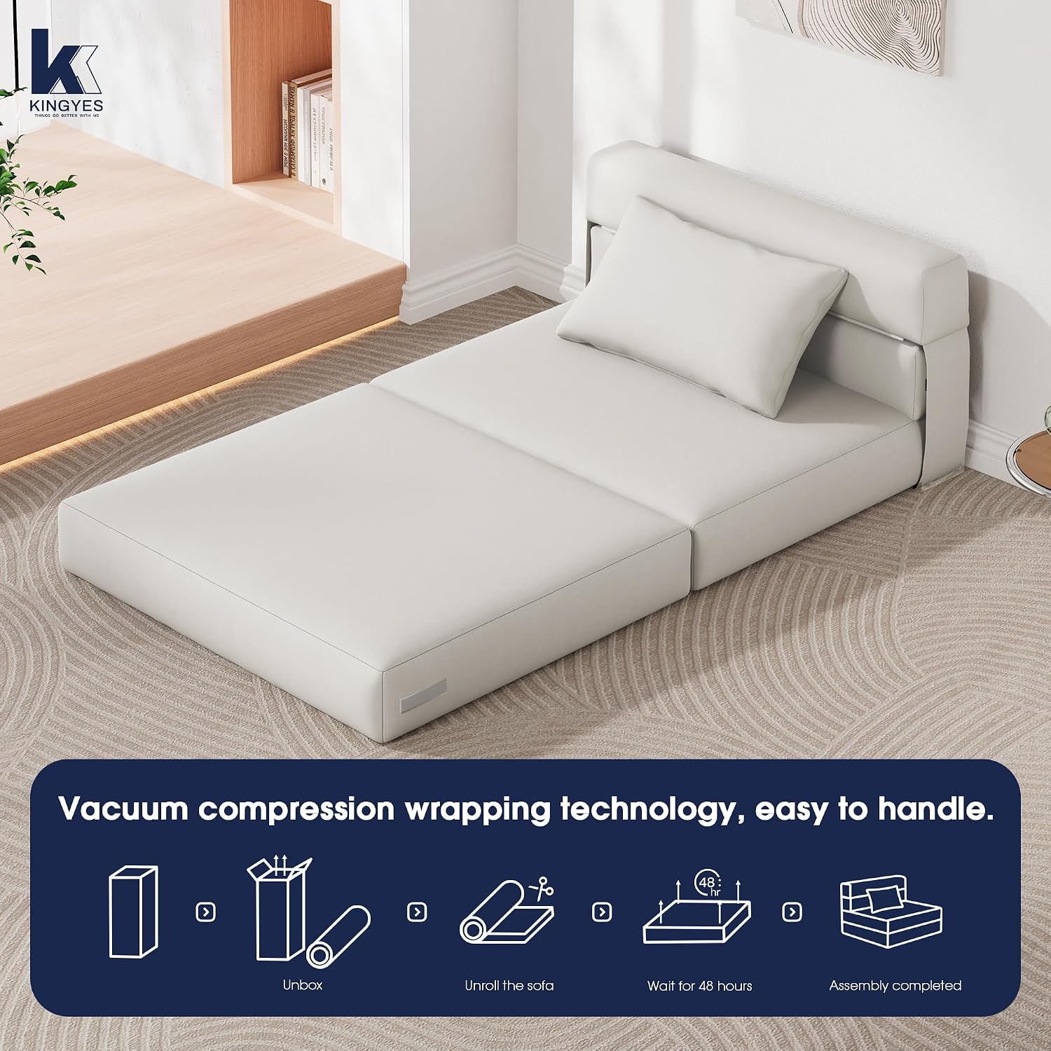 KINGYES 3-in-1 Foldable Chair Bed, Folding Sleeper Chair with Back Cushion, Convertible Sofa Bed for Adults, Cream Beige
