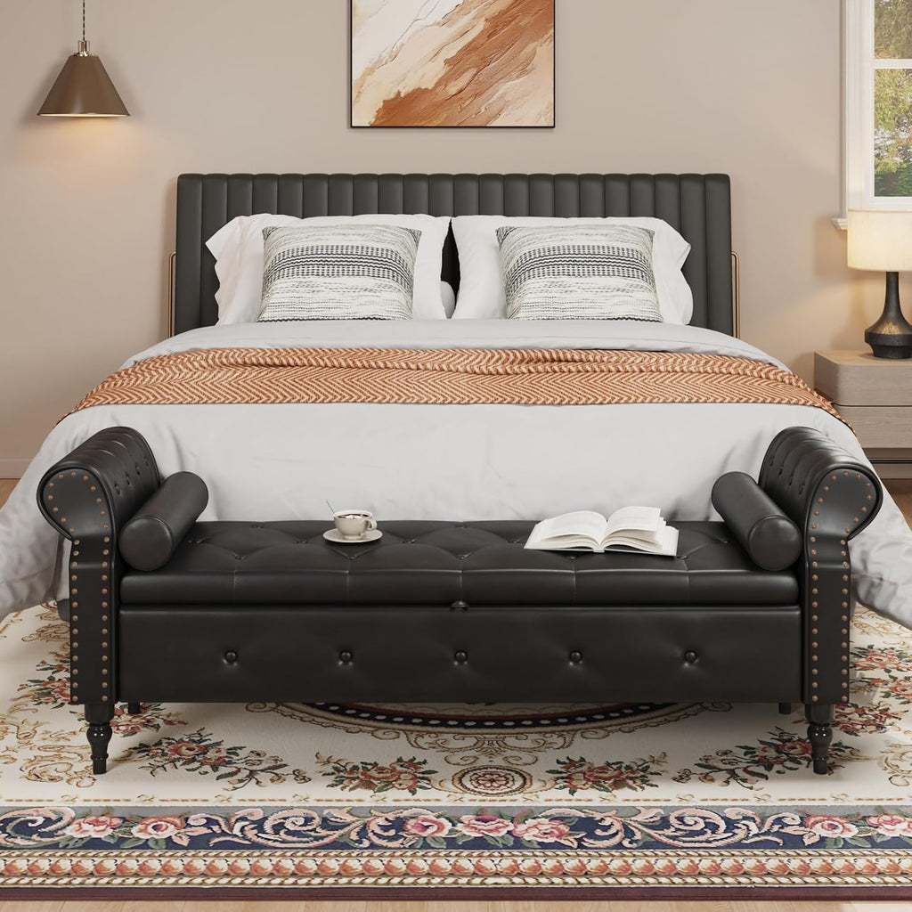 FiveWillowise 65" End of Bed Bench with Storage Ottoman,Black | Faux Leather Upholstered Storage Bench with Rolled Arms and Nailhead Trim for King Size Bed,Bedroom,Entryway,Living room