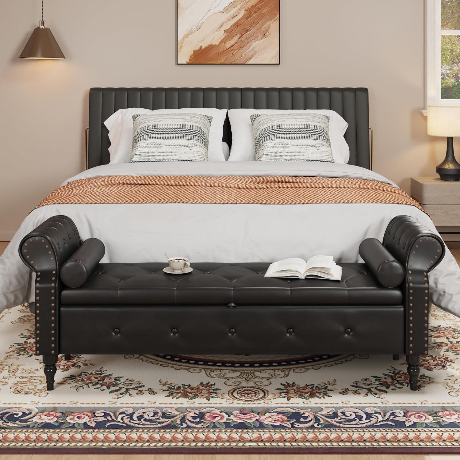 FiveWillowise 65" End of Bed Bench with Storage Ottoman,Black | Faux Leather Upholstered Storage Bench with Rolled Arms and Nailhead Trim for King Size Bed,Bedroom,Entryway,Living room