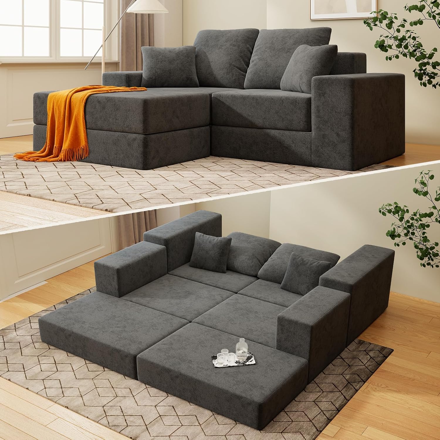 Cloud Modular Sectional Sofa, Comfy Couch for Living Room, Modern L-Shaped Couch with Reversible Chaise, Customizable Sleeper Sofa Bed with Non Slip, No Assembly & Deep Seat, Dark Grey