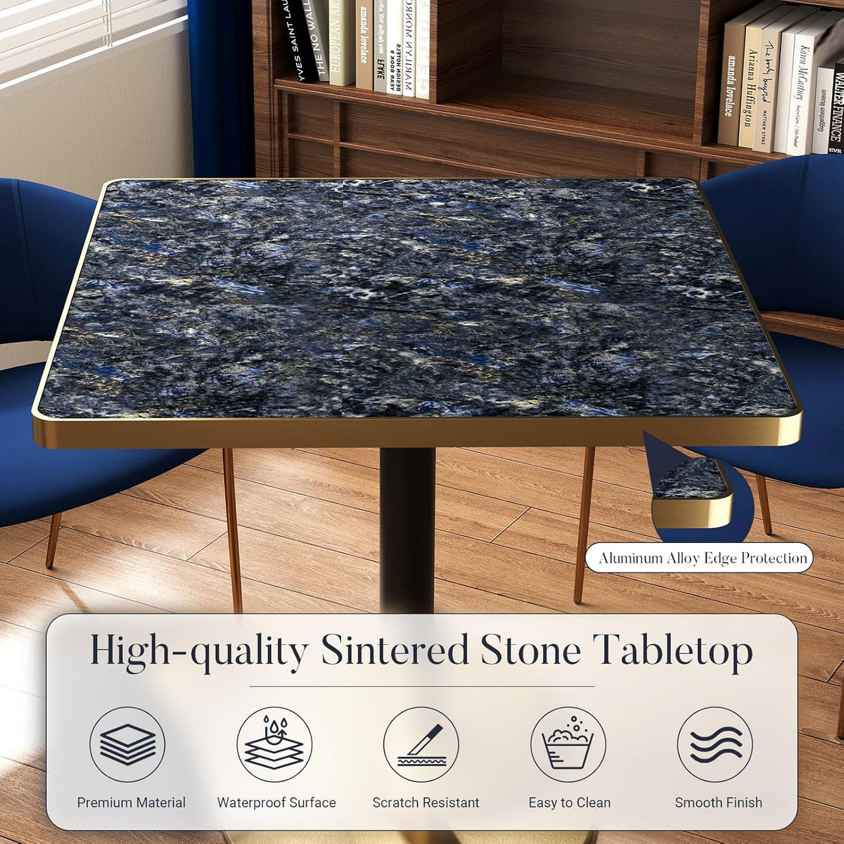 31.5'' Tulip Table, Square Pedestal Dining Table with Sintered Stone Tabletop, Gold Aluminum Alloy Edge & Base, Bistro Table for 2-4 Person for Kitchen/Cafe/Small Spaces/Restaurant (Sapphire Galaxy)