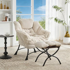 Corduroy Lazy Chair with Ottoman, Modern Large Accent Lounge Chair, Comfy Upholstered Reading Chair with Footrest, Oversized Leisure Armchair for Living Room, Bedroom, Dorm, White