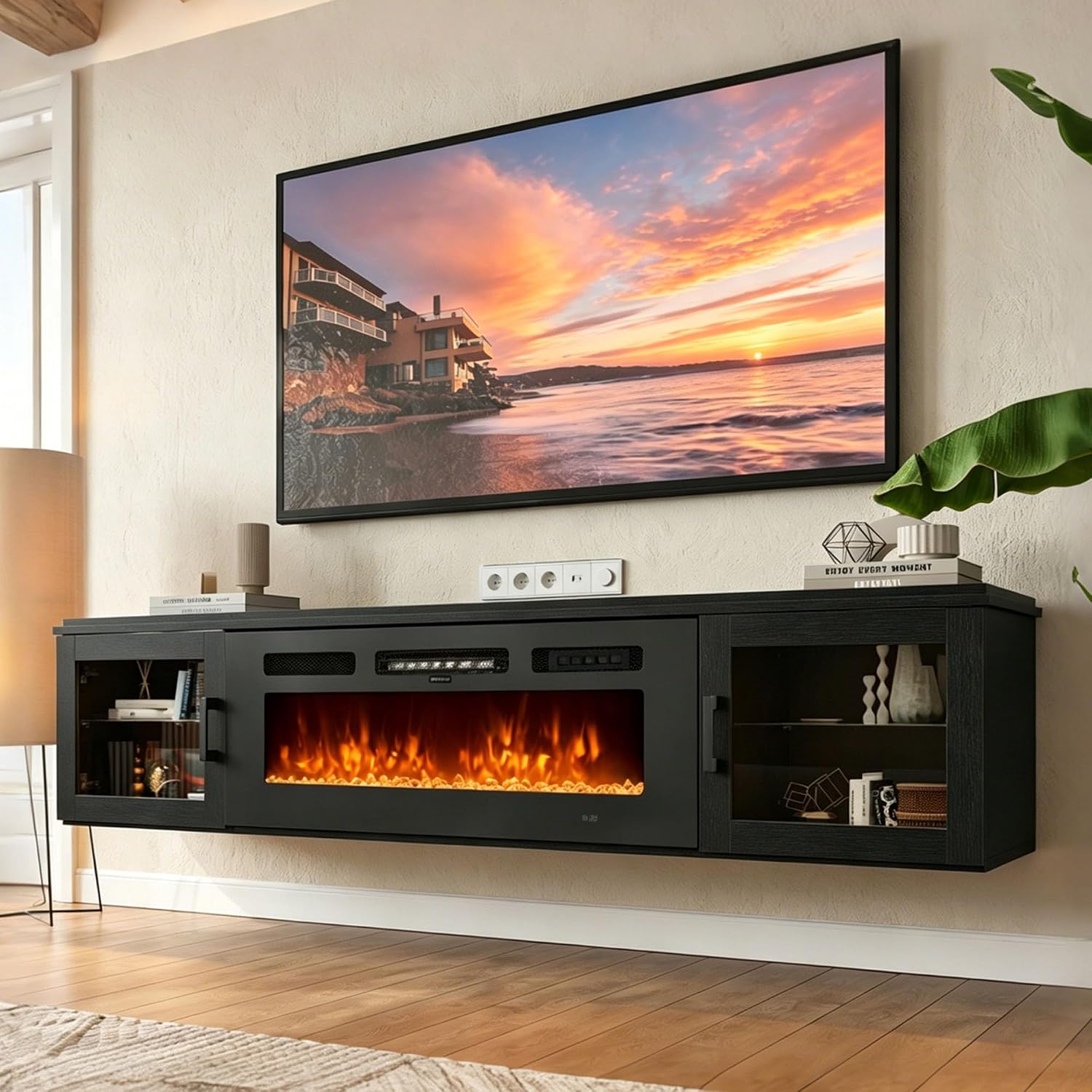 80" Floating TV Stand with 36" Electric Fireplace, Brown & Black | Floating TV Stand Wall Mounted Fits TVs up to 80", Adjustable Shelves & Storage, TV Console for Living Room, WI‑FI Enabled