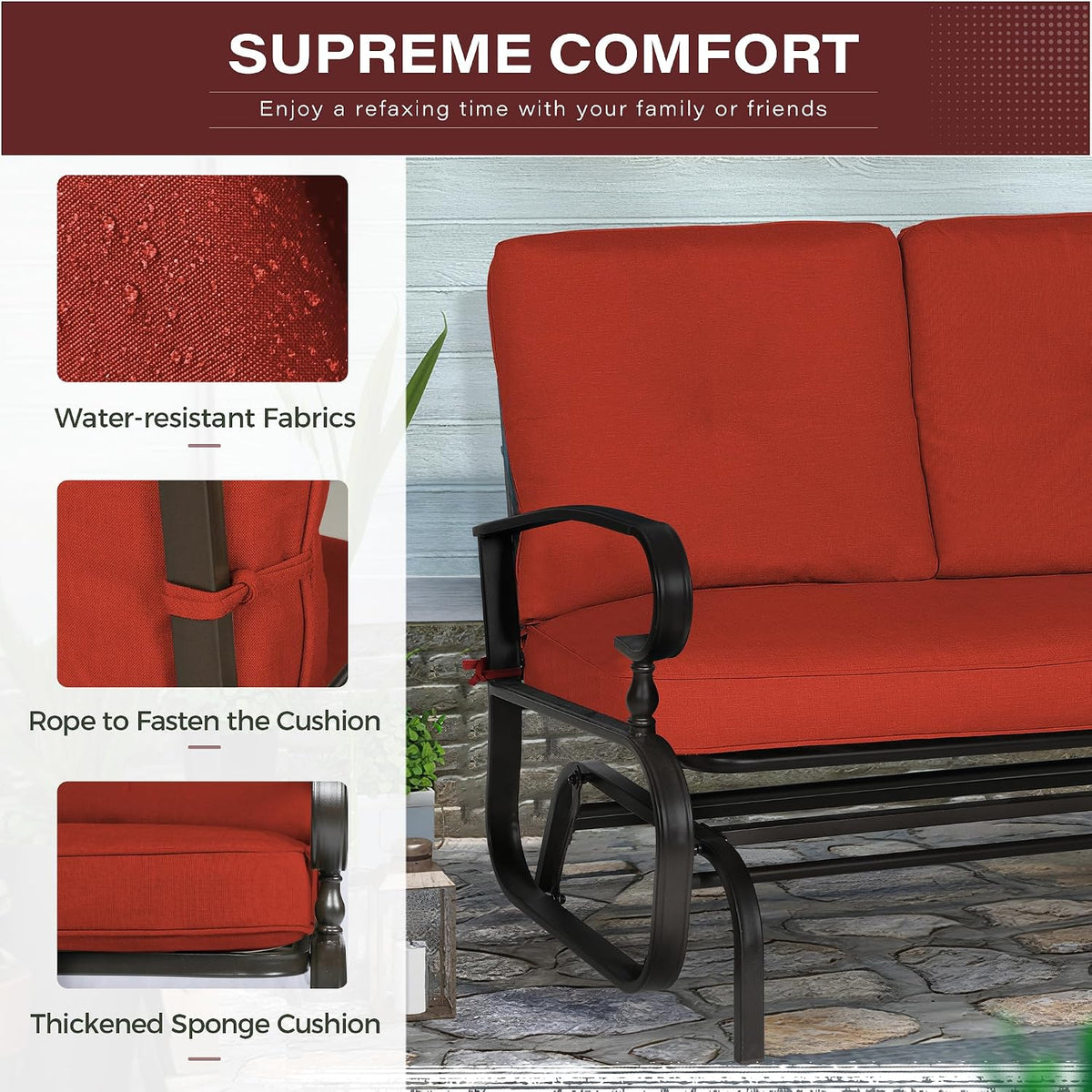 Crownland Outdoor Patio Glider Chair for 2-Person, Red | Wrought Iron Frame with Textilene Seat, Cushioned Loveseat, Smooth Gliding Bench for Porch, Garden, Backyard