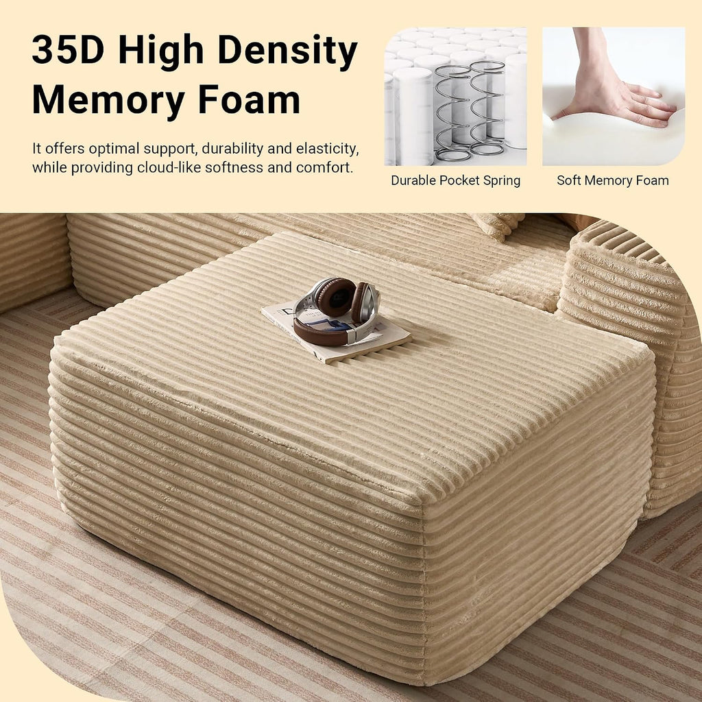 37" Plush Corduroy Ottoman, Upholstered Cloud Ottoman for Couch in A Box, Compressed Memory Foam Footrest No Assembly Require, Beige