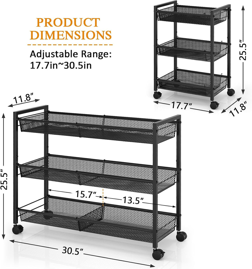 3IngSeagulls 3-Tier Expandable Rolling Pantry Floor Organizer, Stackable Pantry Storage Cart with Wheels, Kitchen Fruit and Vegetable Storage Rack for Onion, Potato, Food, Snacks