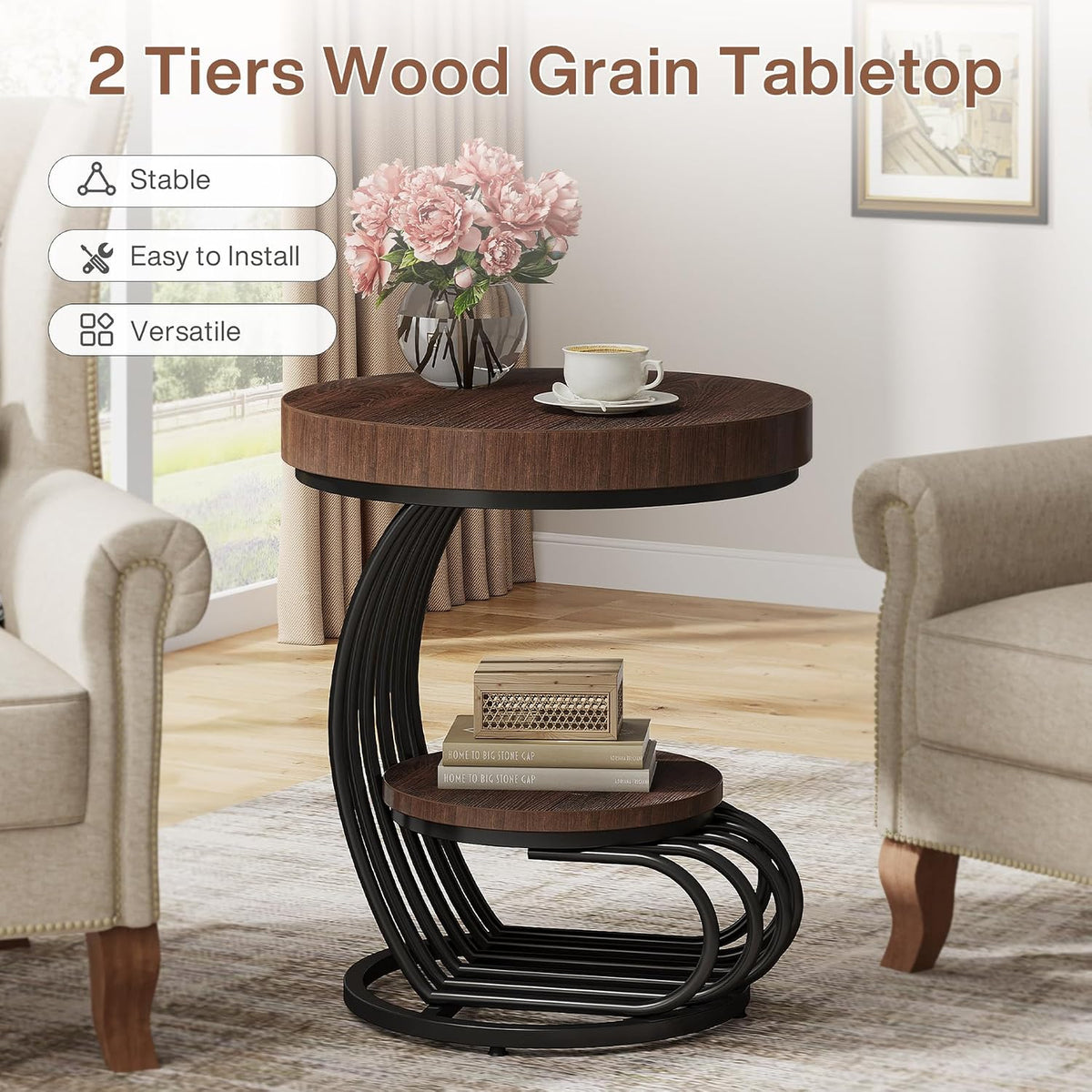 Tribesigns Round End Table, 2-Tier Farmhose Wood Side Table with Shelf Storage, Small Sofa Side Bedside Nightstand, Arc-Shaped Frame Accent Furniture for Living Room, Rustic Brown