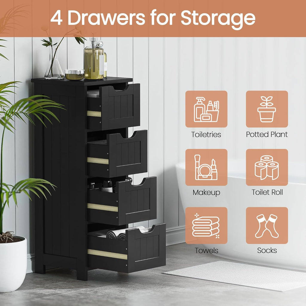 Bathroom Floor Storage Cabinet, Freestanding Wooden Side Organizer w/4 Drawers & Anti-Tip Kit for Bathroom Living Room Hallway Office Study, Black