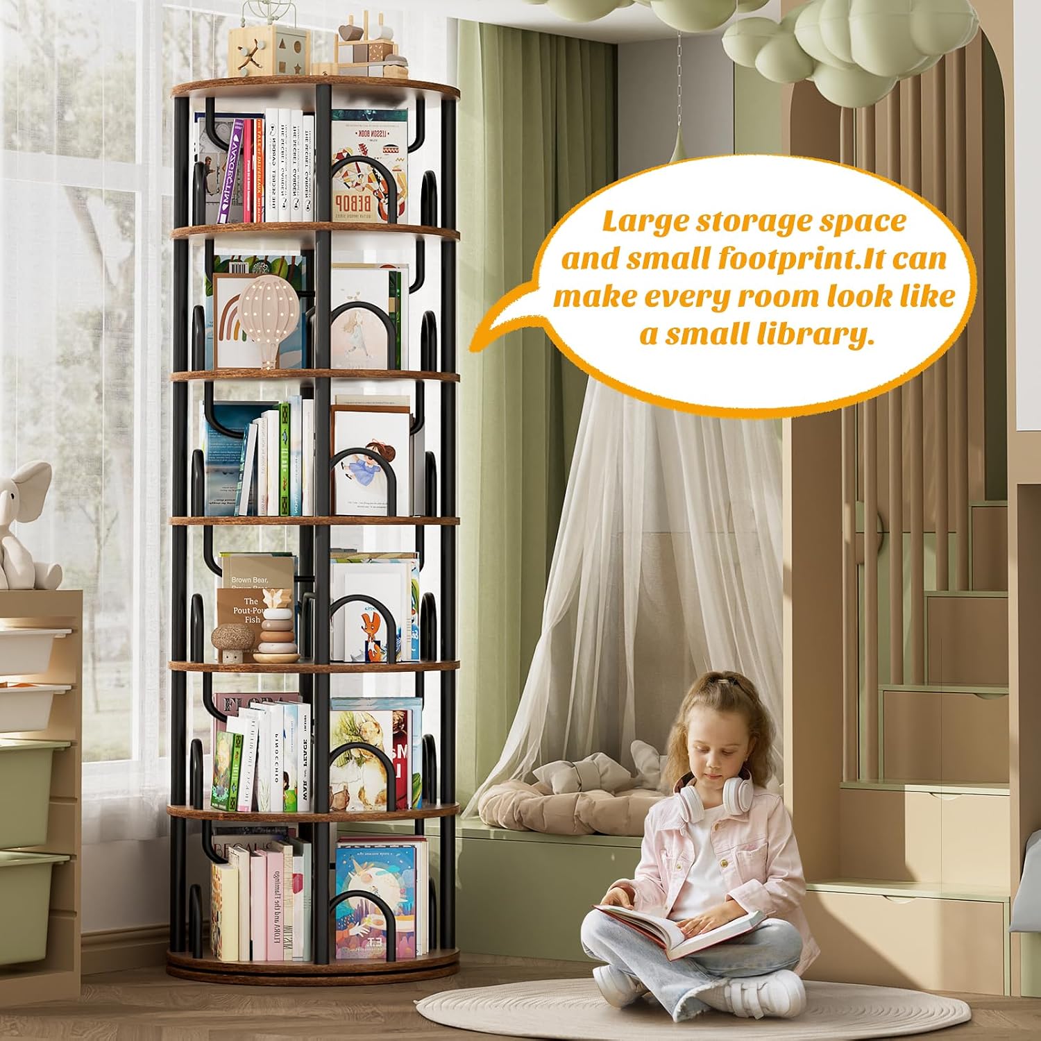 Aheaplus 6 Tier Rotating Bookshelf Tower, Revolving Bookcase, Rustic Brown