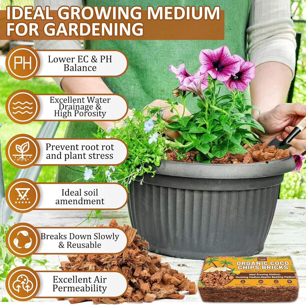Legigo 10 Pack Coco Husk Chips- 11 LB 100% Organic Coconut Coir Chips Brick Potting Soil Mix with Low EC & PH Balance, Compressed Coconut Substrate Coco Chips Mulch Medium for Garden, Flowers, Plants