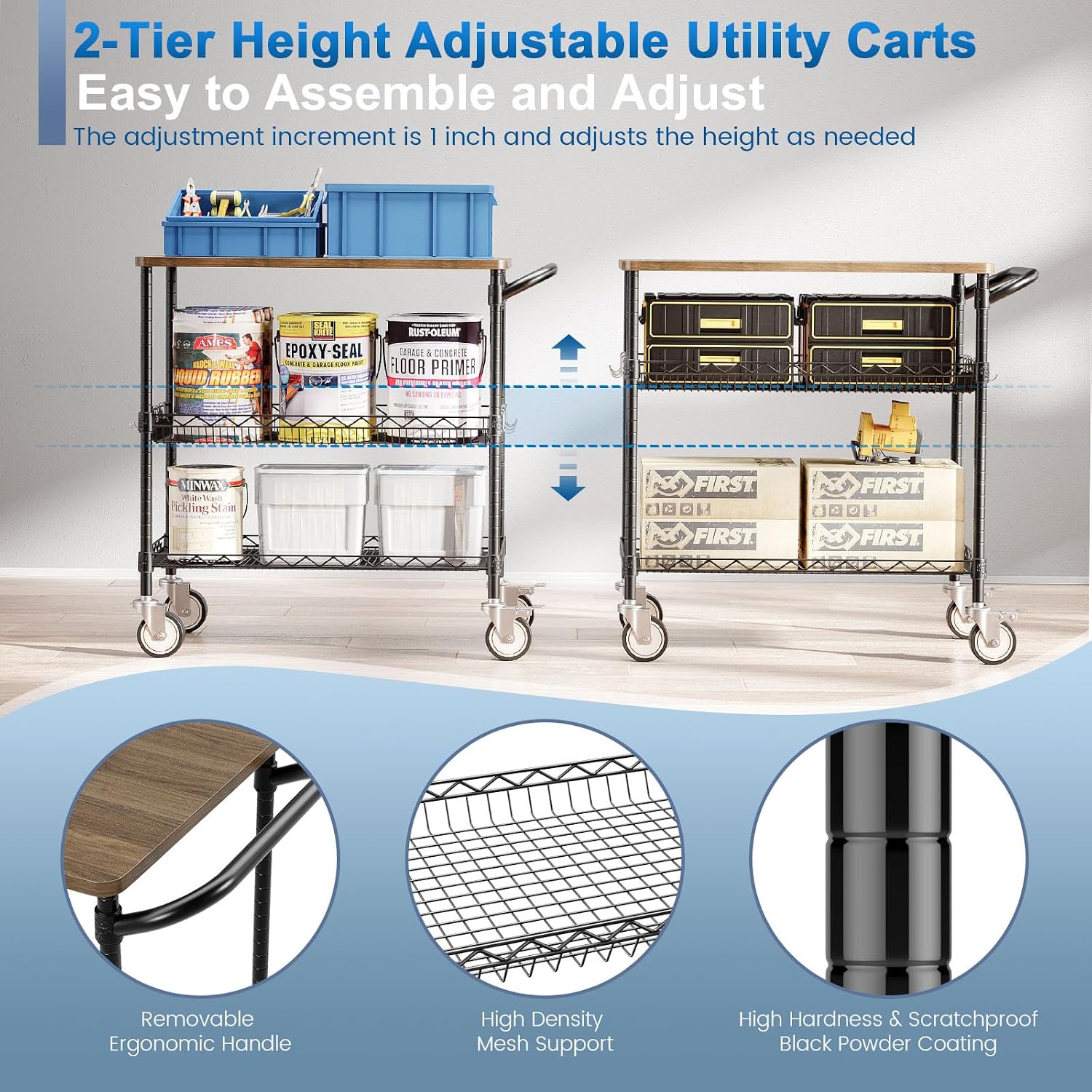 Rolling Kitchen Carts with Wheels, 3-Tier Utility Cart with Wood Tabletop