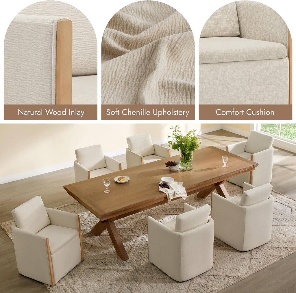 Watson & Whitely Modern Rolling Dining Chair with Casters, Set of 2, Linen | Upholstered Chenille Fabric, Hidden Seat Storage, Wood Arms for Kitchen, Dining Room, Living Room