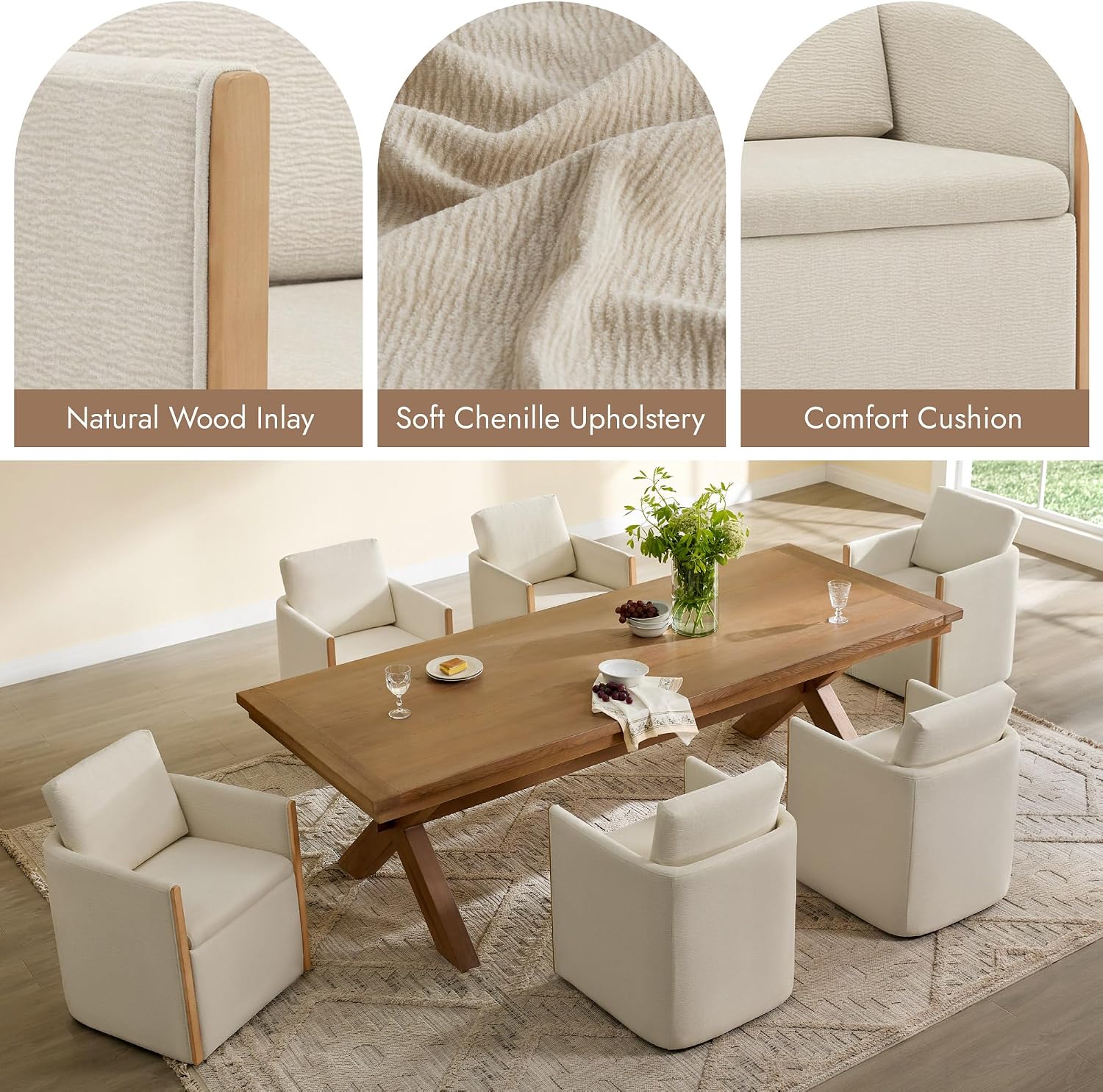 Watson & Whitely Modern Rolling Dining Chair with Casters, Set of 2, Linen | Upholstered Chenille Fabric, Hidden Seat Storage, Wood Arms for Kitchen, Dining Room, Living Room