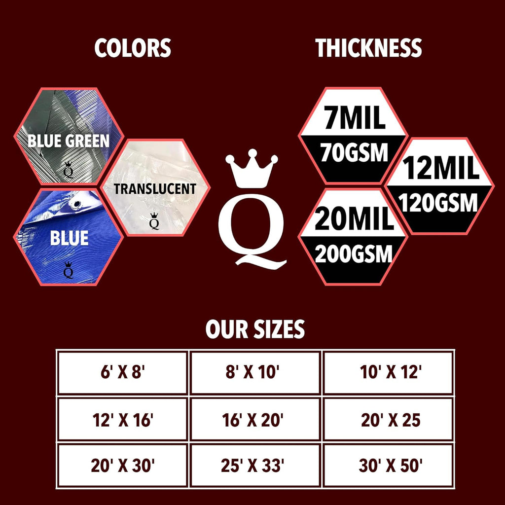 QUEEN OF TARPS | 6x8 Heavy Duty Tarp Waterproof, 120 GSM is 12 MIL, UV/Tear Resistant Tarp, Camping, Outdoor Furniture, Car, Tents, Painting, Firewood Protection | 6x8, Heavy Duty