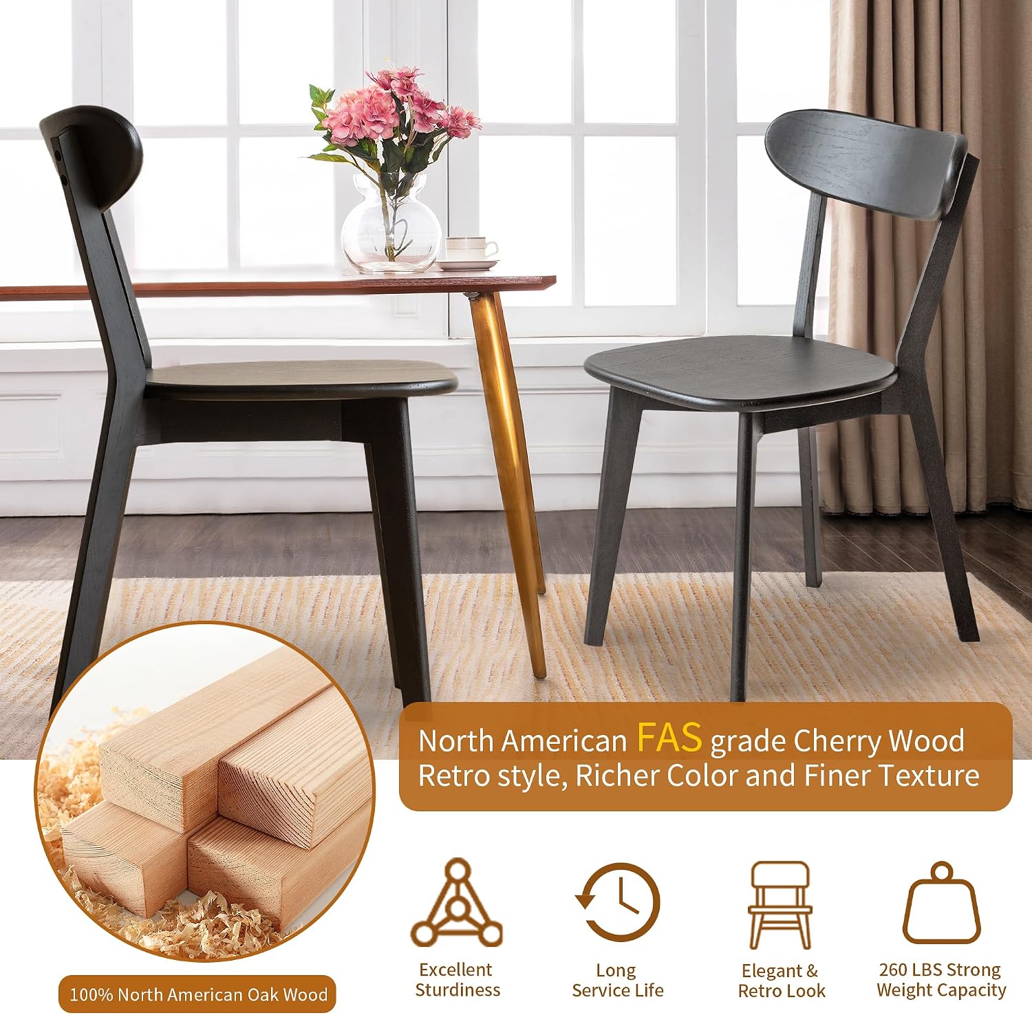Modern Dining Chairs, Solid Oak Wood Dining Chair with Comfortable Backrest, Sturdy Wooden Chairs for Kitchen, Dining Room