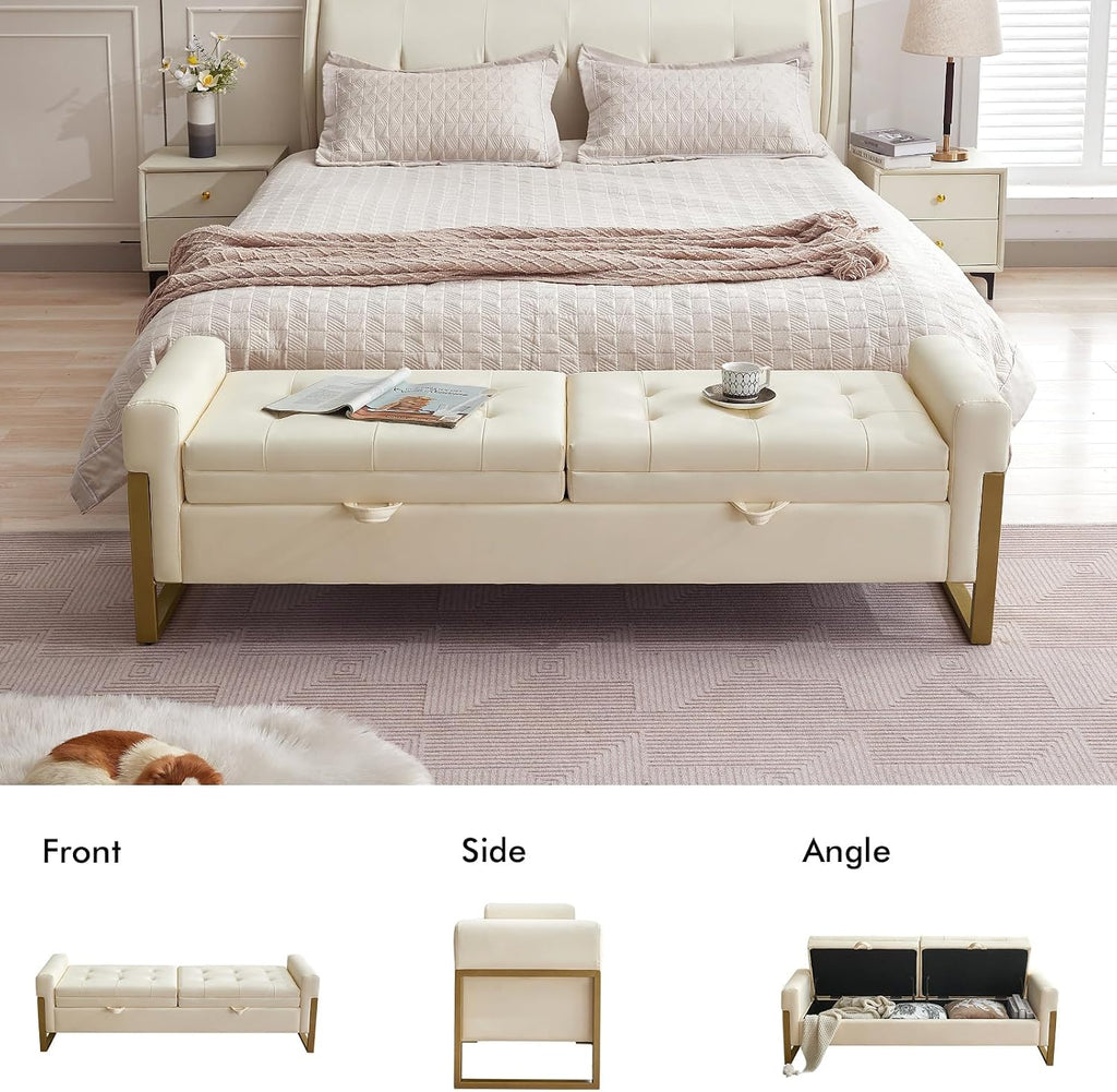 67" Storage Bench for Bedroom End of Bed King Size, Light Cream | Double Lids, Upholstered Faux Leather Storage Bench with Golden Legs for Foot of Bed Window Living Room Entryway