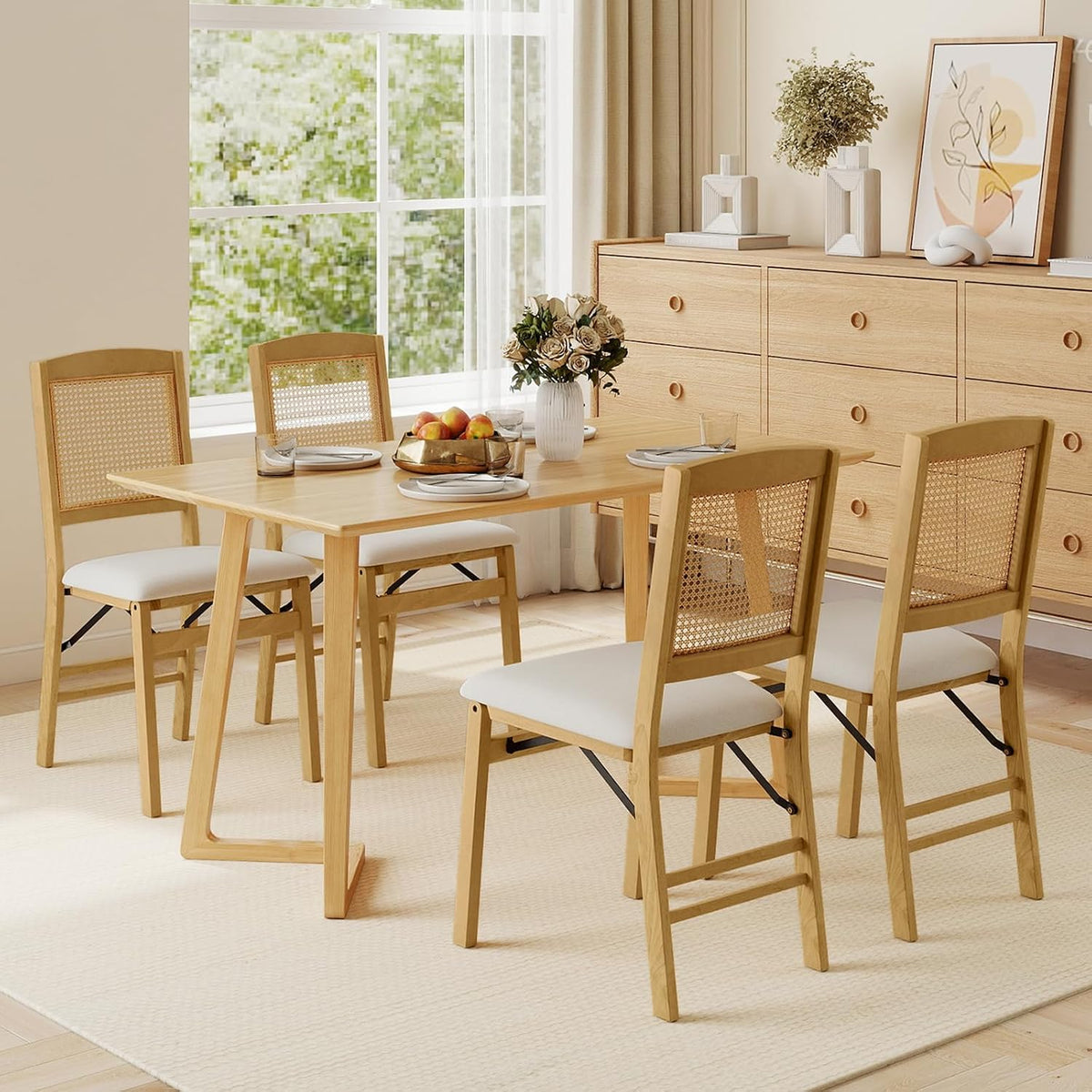 KOTEK Folding Dining Chairs Set of 2, Wooden Kitchen Chairs with Padded Seat & Rattan Backrest, Foldable Armless Side Chairs for Dining Room, Living Room (Natural & Beige)