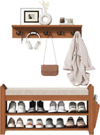 PETKABOO 31.5" Shoe Bench with Coat Rack Hidden Drawer and Side Holder, 2 Tier Entryway Bench with Storage 39.4 in, Bamboo Shoe Rack with Cushion for Entryway Hallway Living Room Bedroom