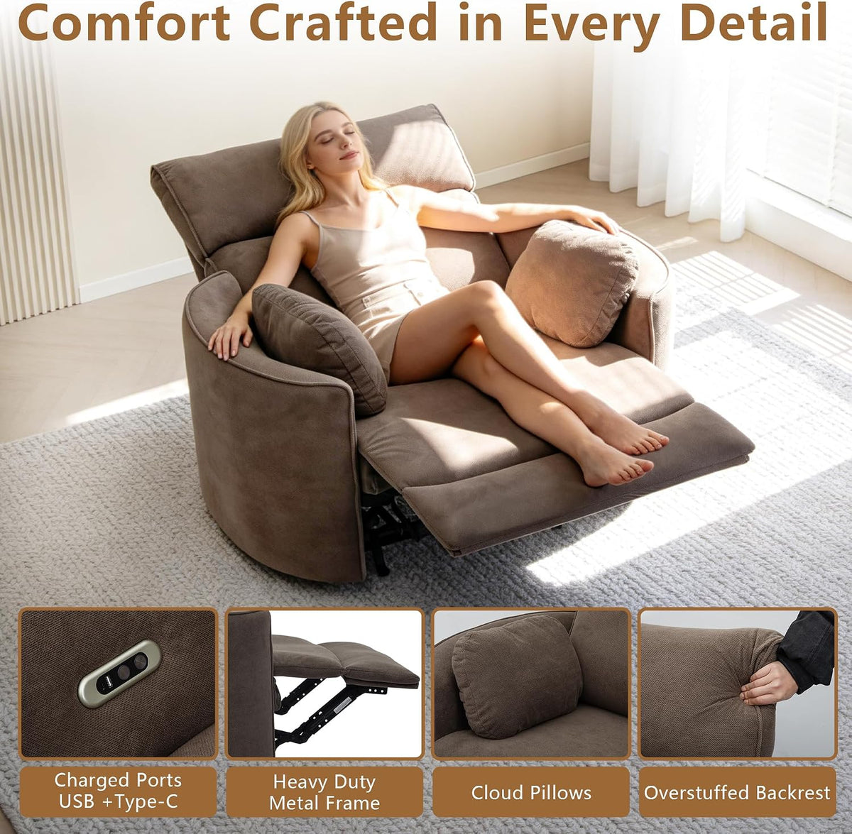 450lbs Oversized Power Recliner Chair for Big and Tall Adults, 52" Extra Wide Electric Recliner with USB & Type-C Ports, Chenille Fabric Single Sofa Chair for Living Room & Bedroom (Brown)