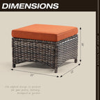 Outdoor Ottomans for Patio Set of 2 PE Wicker Steel Frame Outdoor Footstool with Removable Olefin Cushions for Patio, Backyard and Deck, Orange