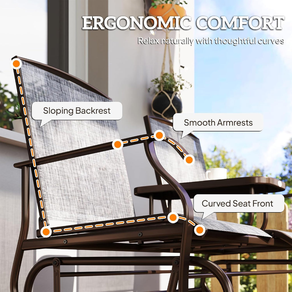 Outsunny Outdoor Glider Bench with Center Table Metal Frame Armrests Gray | Patio Loveseat, Breathable Mesh Fabric, for Backyard Garden Porch