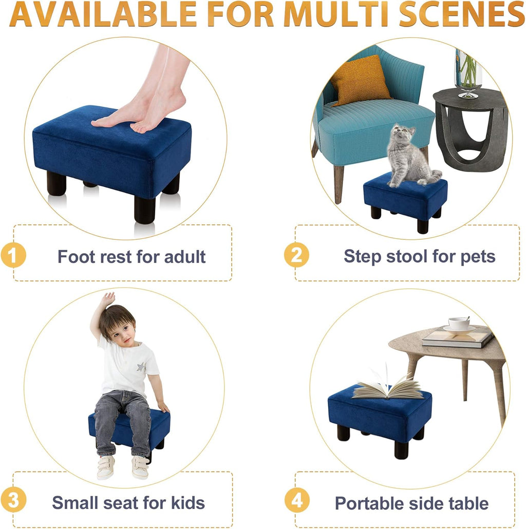 LUE BONA Small Foot Stool, Velvet Fabric Footrest Ottoman Stool with Non-Skid Plastic Legs, Rectangle Footstool Step for Couch, Desk, Office, Living Room, Navy
