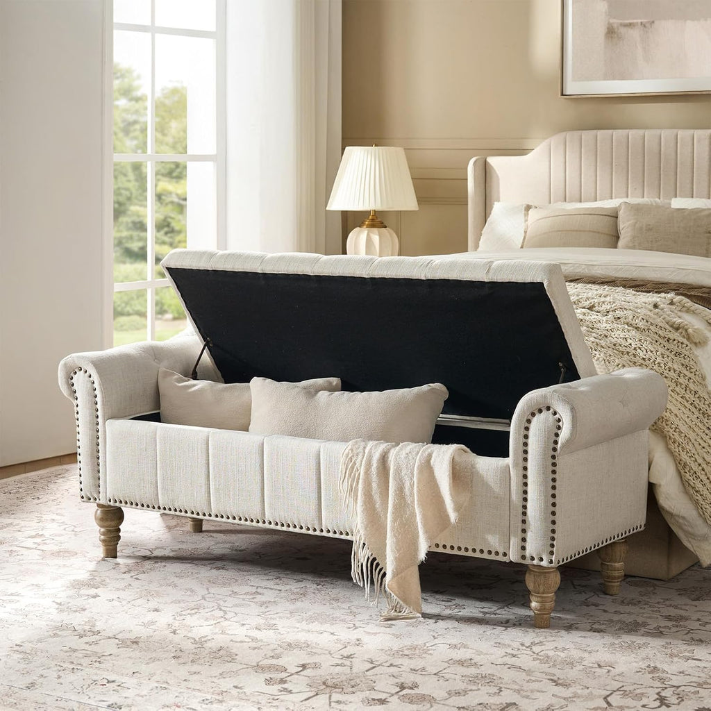 HULALA HOME Farmhouse Upholstered Storage Bench, End of Bed Bench with Vintage Button Tufted Design(Ivory)