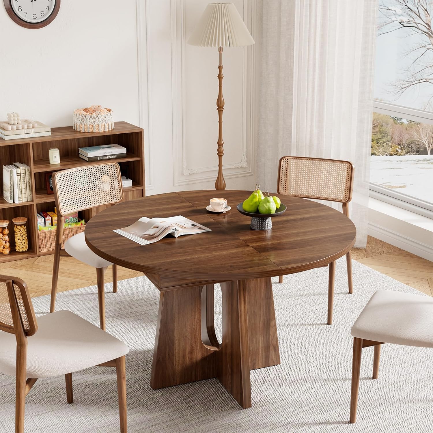 Epecoya 59-Inch Extendable Round to Oval Pedestal Dining Table, Farmhouse Wood Kitchen Table for 4-6 People, Space-Saving Expandable Dinner Table with Heavy Cross Base, Dark Brown Walnut