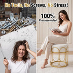 Pre-Assembled Modern Gold Vanity Stool, White Sherpa Boucle Round Ottoman & Metal Frame Pouf, 17.7" No Assembly Required Makeup Chair, Cozy Teddy Footrest for Bedroom & Living Room