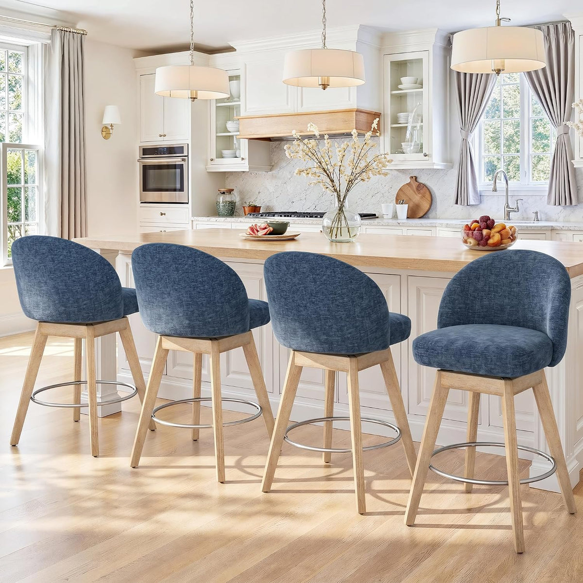 LUE BONA 360° Swivel Bar Stools Set of 4, 26" Wood Legs, Fabric Blue