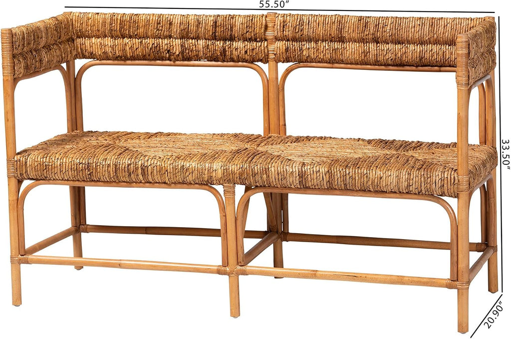 Bali & pari Adisa Natural Rattan Bench - Handcrafted Banquette with Woven Seagrass Seat and Open Back, Coastal Boho Accent Seating for Entryway, Dining or Living Room