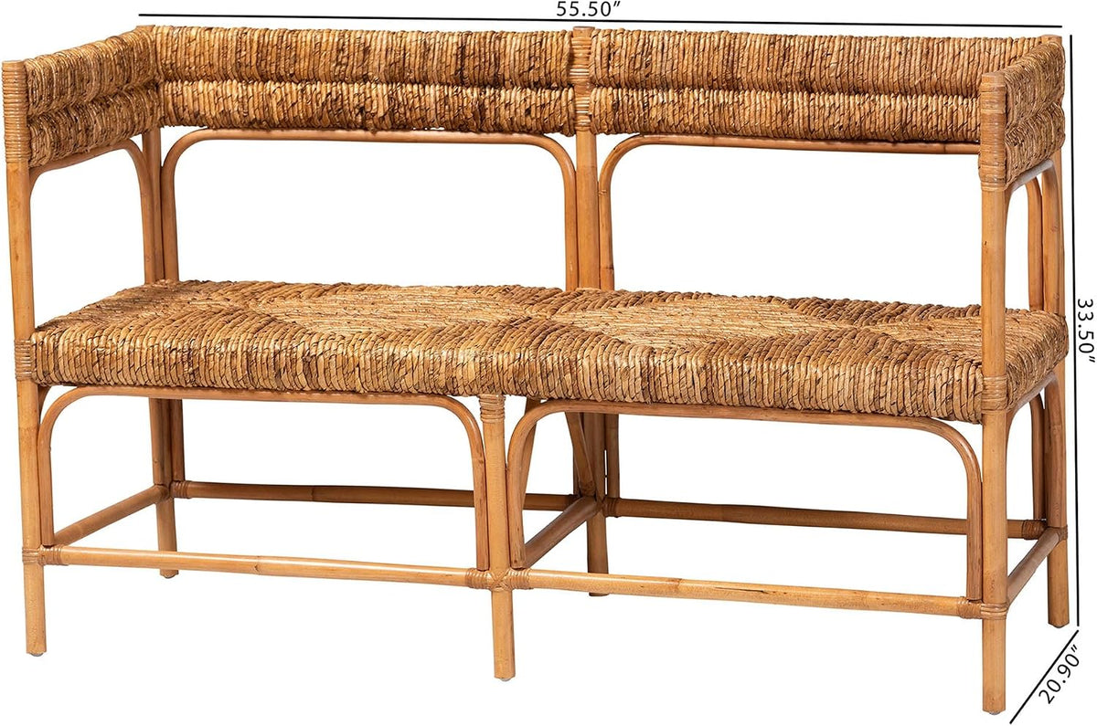 Bali & pari Adisa Natural Rattan Bench - Handcrafted Banquette with Woven Seagrass Seat and Open Back, Coastal Boho Accent Seating for Entryway, Dining or Living Room