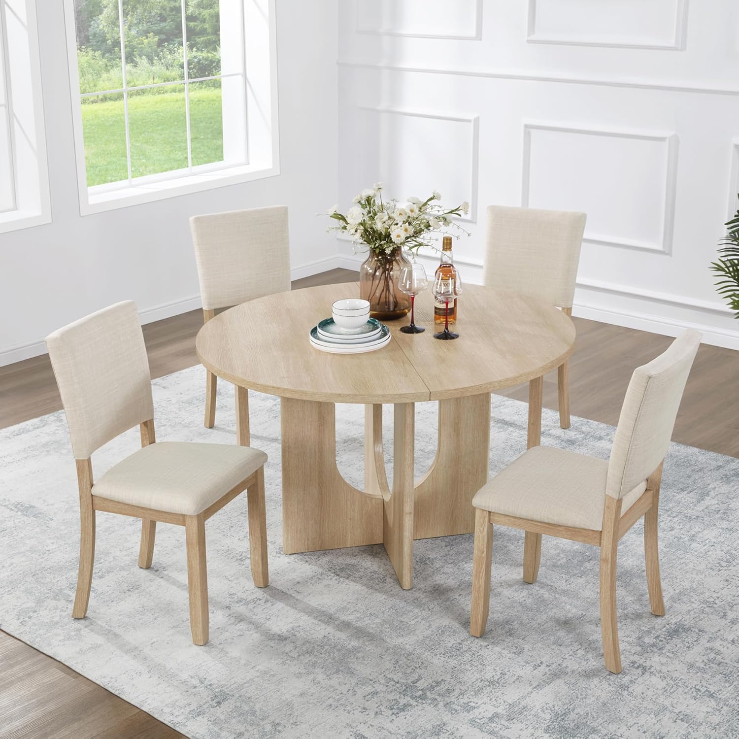 JIJIWANG 47.3" 5-Piece Round Dining Table Set with 4 Upholstered Dining Chairs, Modern Round Dining Table Set for 4 for Living Room Kitchen Light Oak & Beige