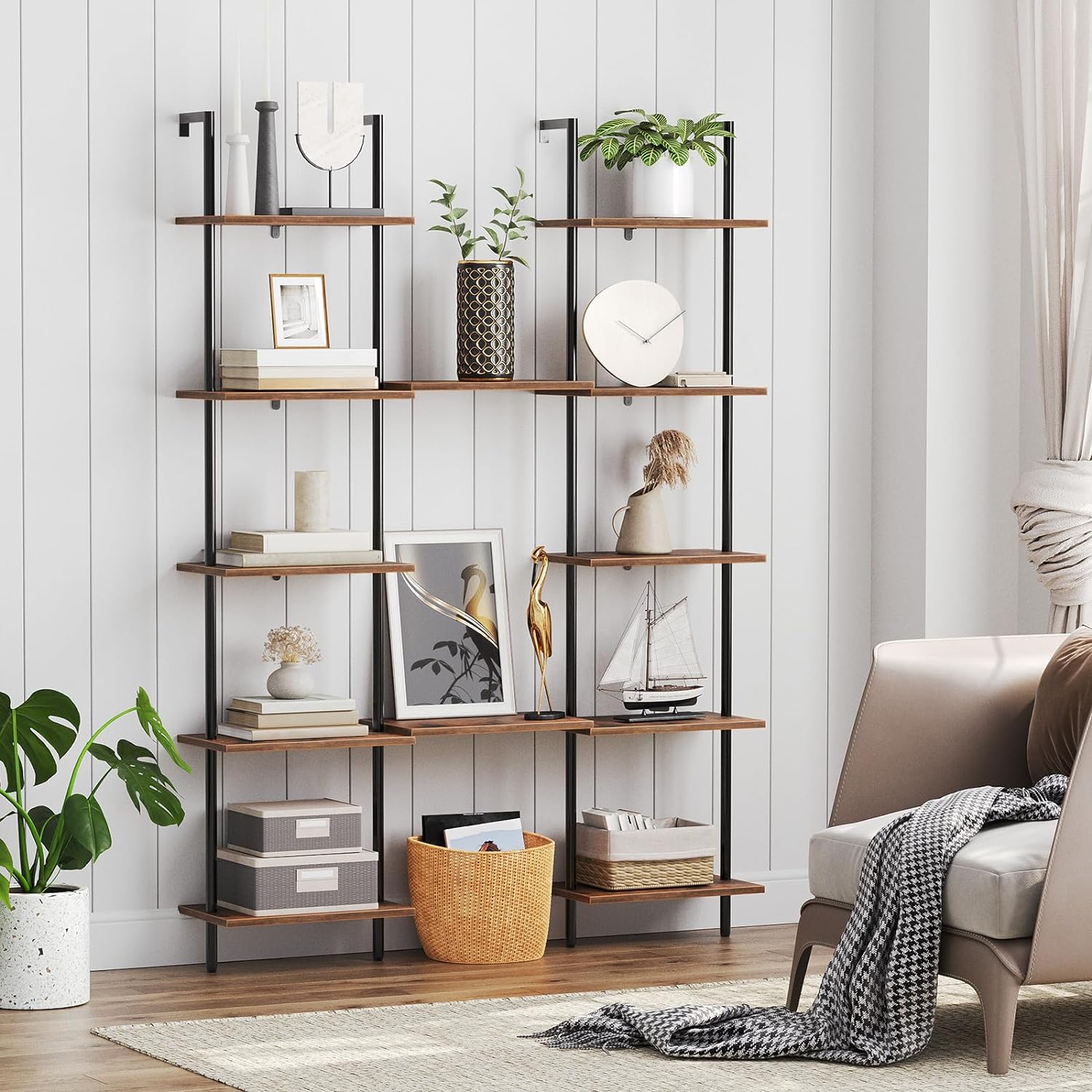 HOOBRO DIY Ladder Shelf, 6-Tier Wooden Wall Mounted Bookshelf, Narrow Bookcase, Display Shelf, Storage Rack, Plant Stand, for Living Room, Bedroom, Study, Balcony, Rustic Brown and Black BF651CJ01