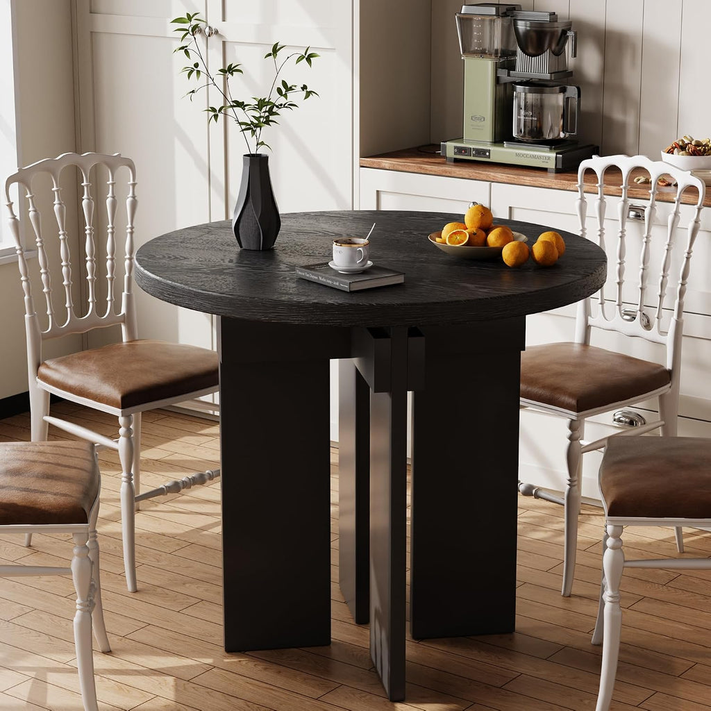 35.4" Round Dining Table for 4, Modern Wood Kitchen Table with 4 Sturdy Table Legs Farmhouse Circle Dinner Tables for Leisure, Coffee, Kitchen, Dining Room φ35.4" x 29.9"H, Black